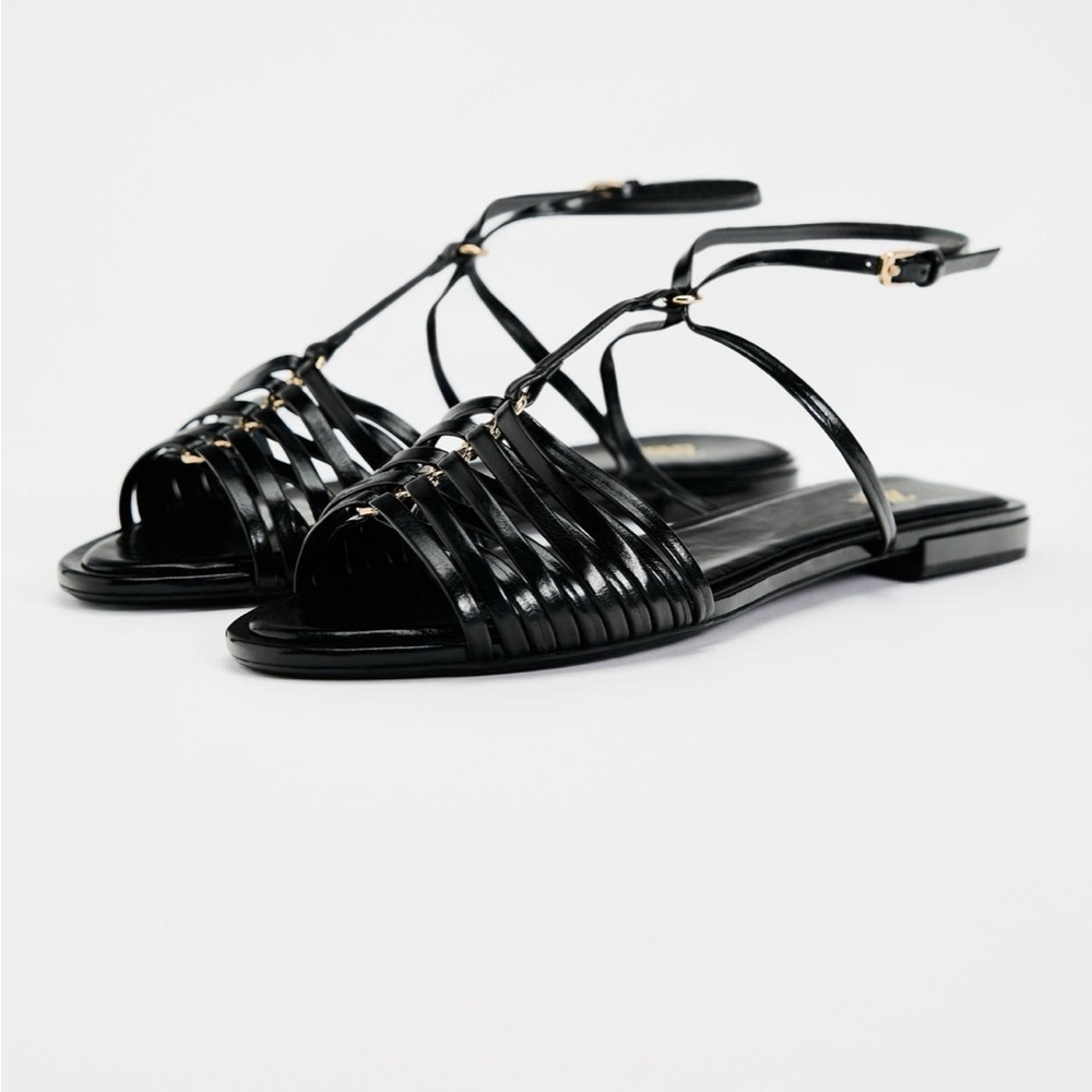 Zara black flat strappy sandals